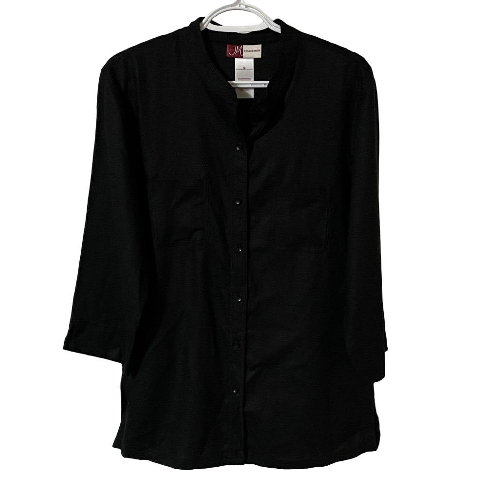 JM Collection Black Linen Button Tunic Top Size 12
